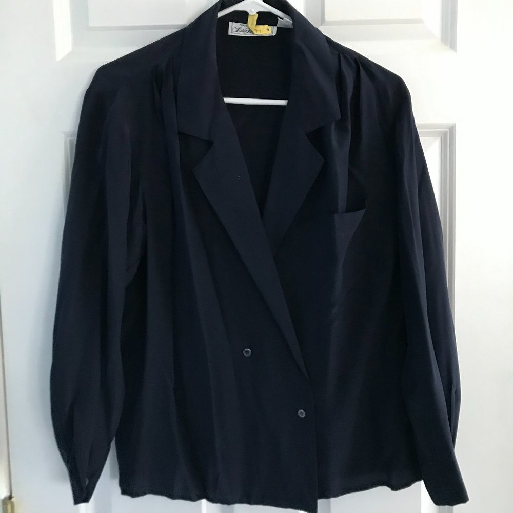 Saks Fifth Ave Navy 100% Silk Blazer sz 8